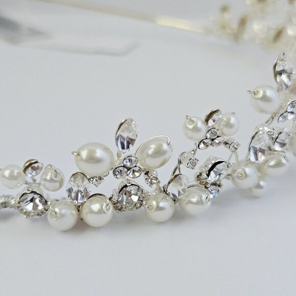 David\'s Bridal Swarovski Crystal Cultured Pearl Silver Wedding Tiara Headpiece main image 10